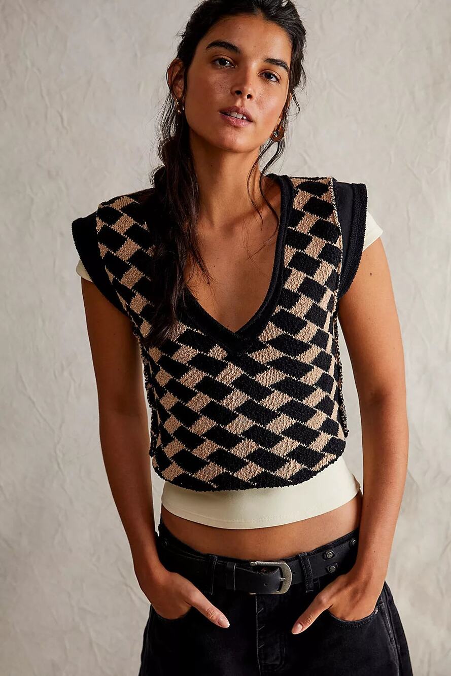 NWT Free People Lola Black & Tan Cropped Sweater Vest Size S